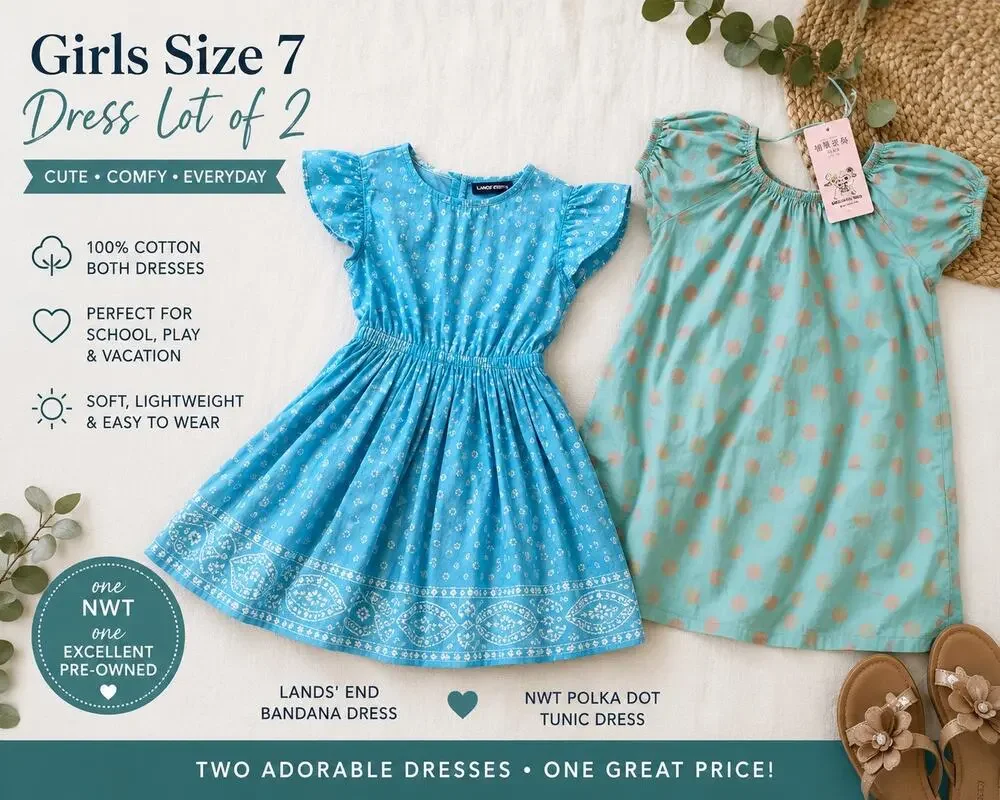 Girls Size 7 Cotton Dress Lot Lands’ End Blue Bandana Dress + NWT Polka Dot